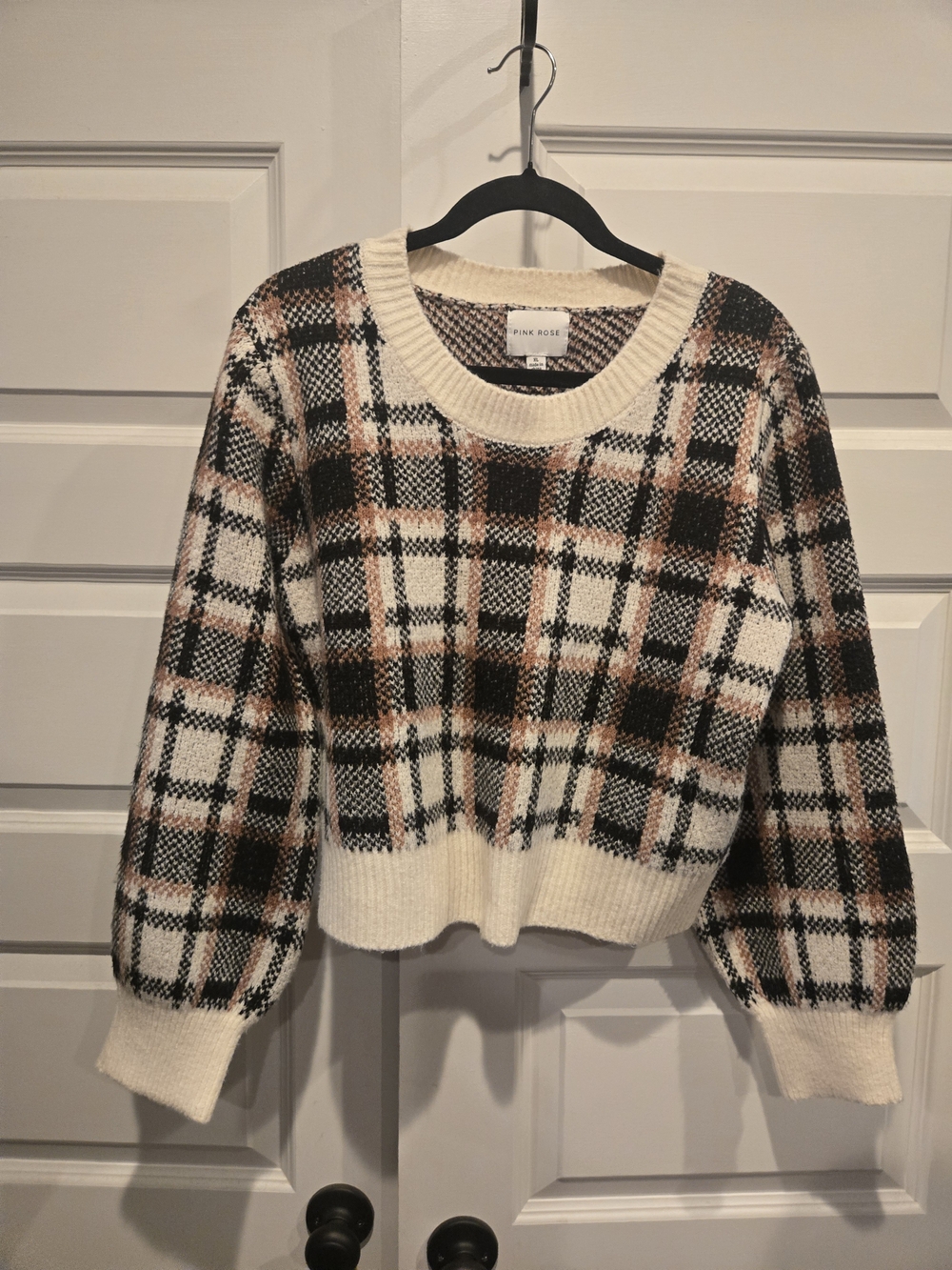Pink Rose Cream Plaid Crewneck Sweater with Black and Brown Checks